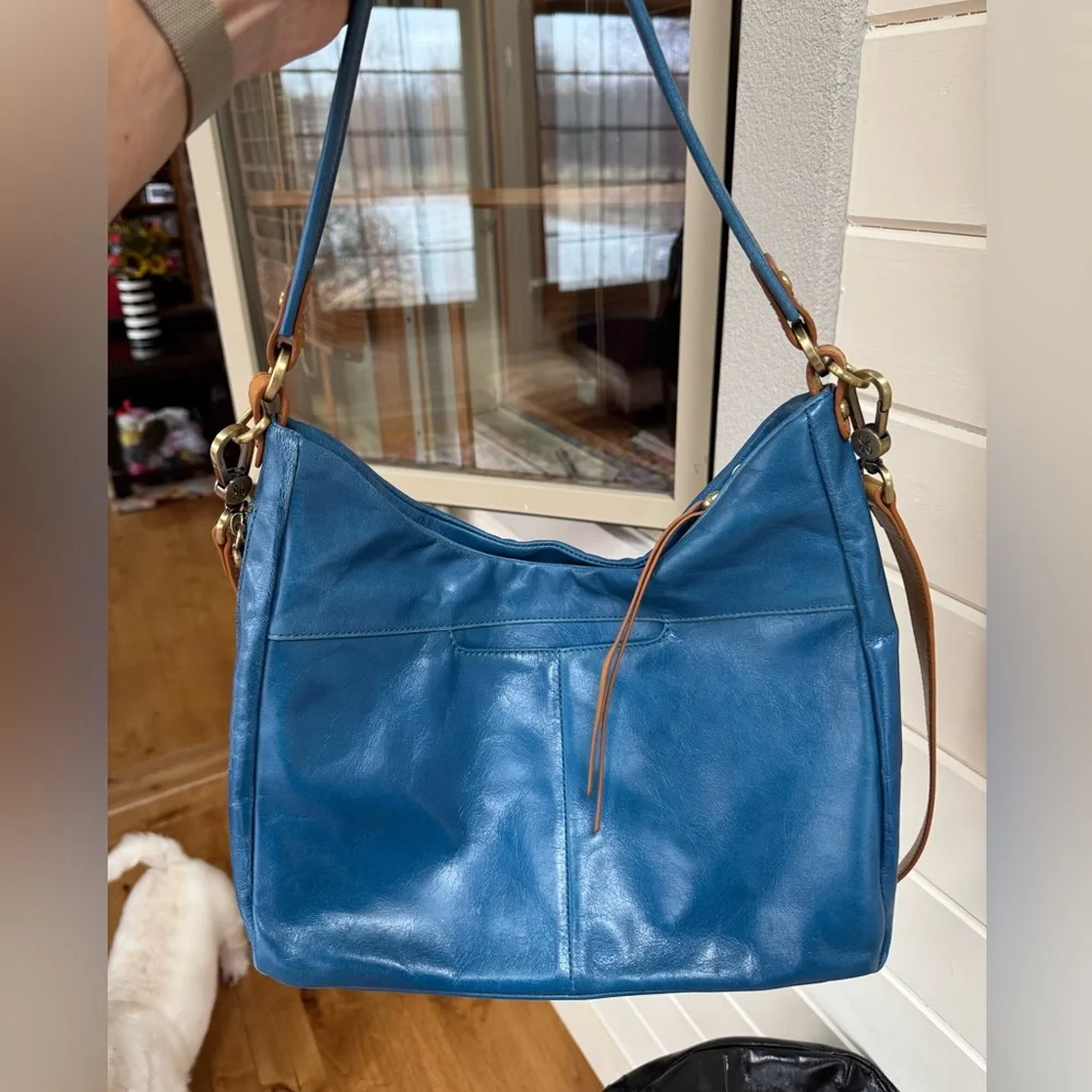 Large HOBO Blue Leather Shoulder Bag with Tan Accent - Picture 1 of 3